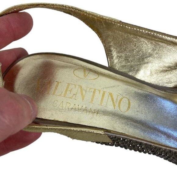 Valentino Gold Sequin Slingback Heels Size 36 or 6 Italy Peep Toe Elastic Band - Picture 9 of 12